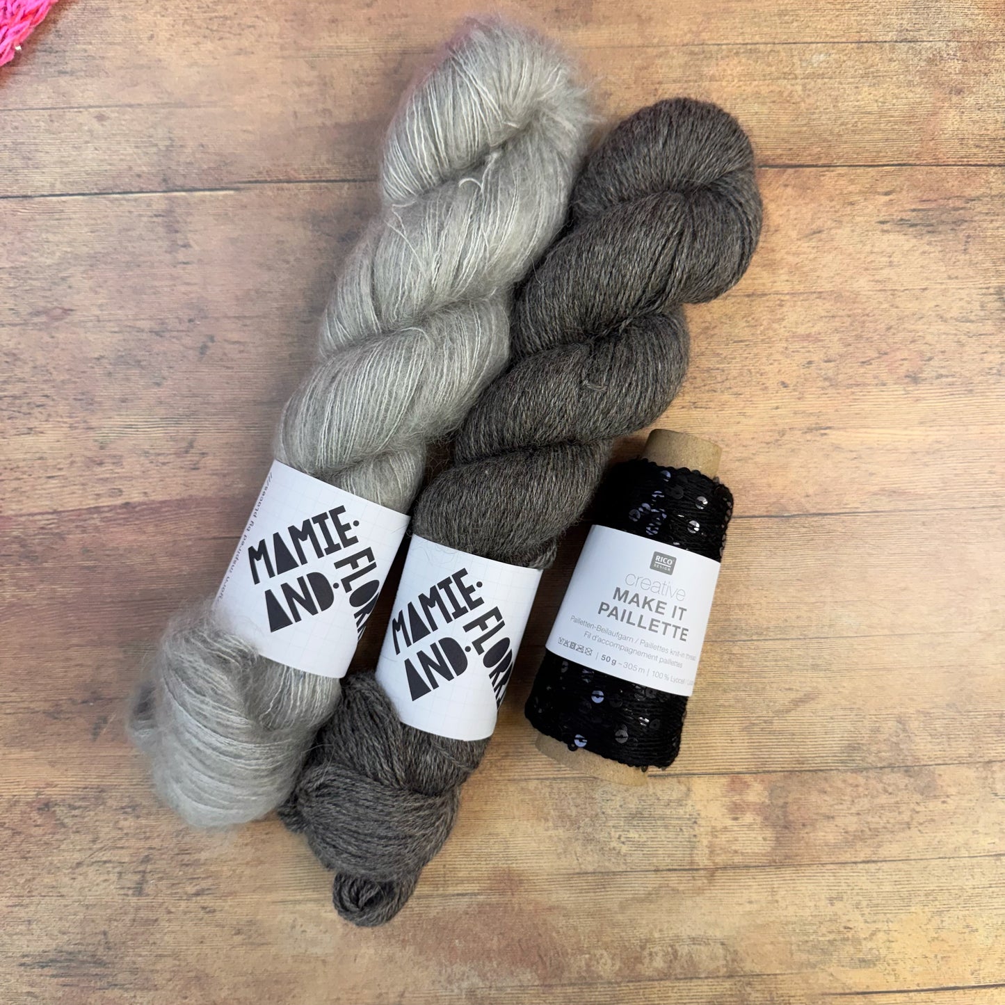 Easy Textured Bandana Kit  - Luxury Undyed 4ply, Morning Mist at Combs Mohair and Black Paillette Sequins