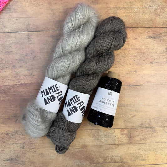 Easy Textured Bandana Kit  - Luxury Undyed 4ply, Morning Mist at Combs Mohair and Black Paillette Sequins